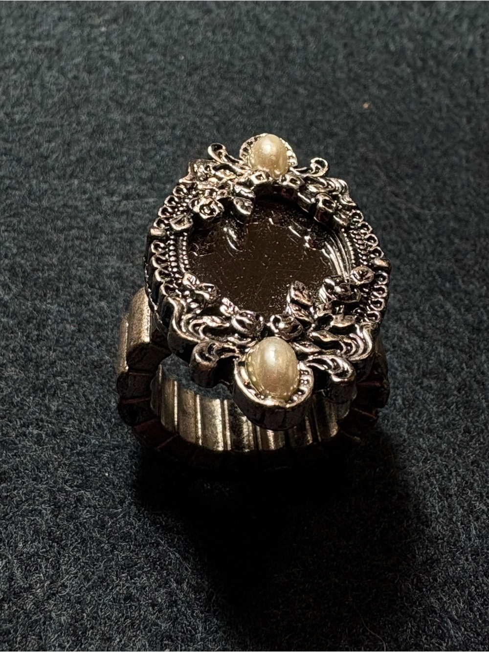 Size 8-Vintage-Inspired Silver Filigree Ring Faux Pearl Accents -Stretch Band